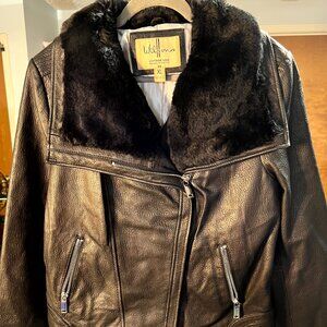Wilson's Vintage USA Black Leather and Faux Fur Diagonal Zip Women's Jacket XL
